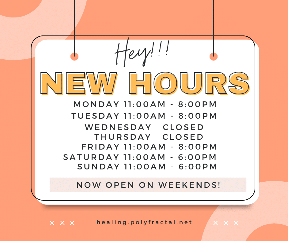 New Hours<br />
Monday 11am to 8pm<br />
Tuesday 11am to 8pm<br />
Wednesday closed<br />
Thursday Closed<br />
Friday 11am to 8pm<br />
Saturday 11am to 6pm<br />
Sunday 11am to 6pm